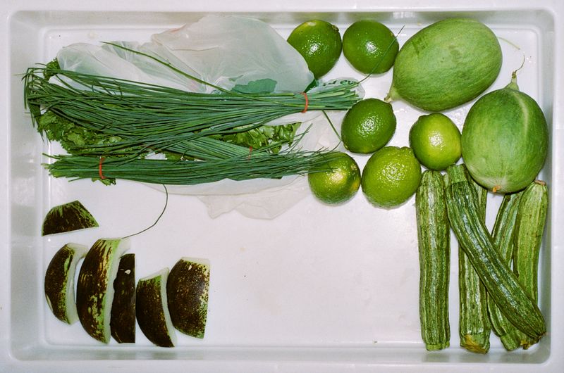 Produce tray with all green ingredients, organized by kind: limes, cucumbers, melons, and chives